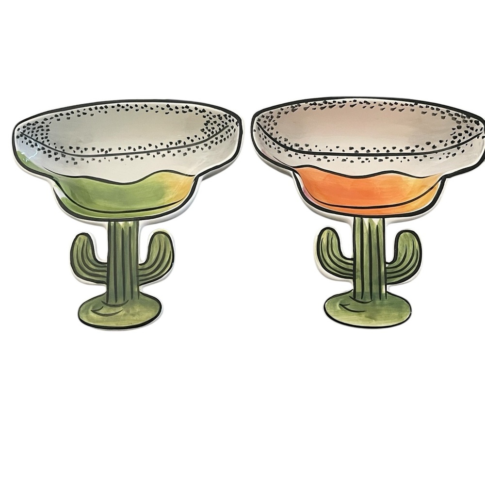 2 CLAY ART Margarita Glass Shaped w/Cactus Stem Party Serving Snack Dishes